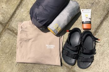 In the Drops: Quoc × Restrap sandals, Alpkit sleeping bag and mat, Lifesystems suncream, Pas Normal top and the Welsh Three Peaks